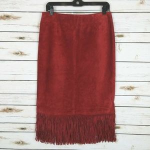 Vintage Cuir Zebra Leather Fringe Midi Skirt Red 8